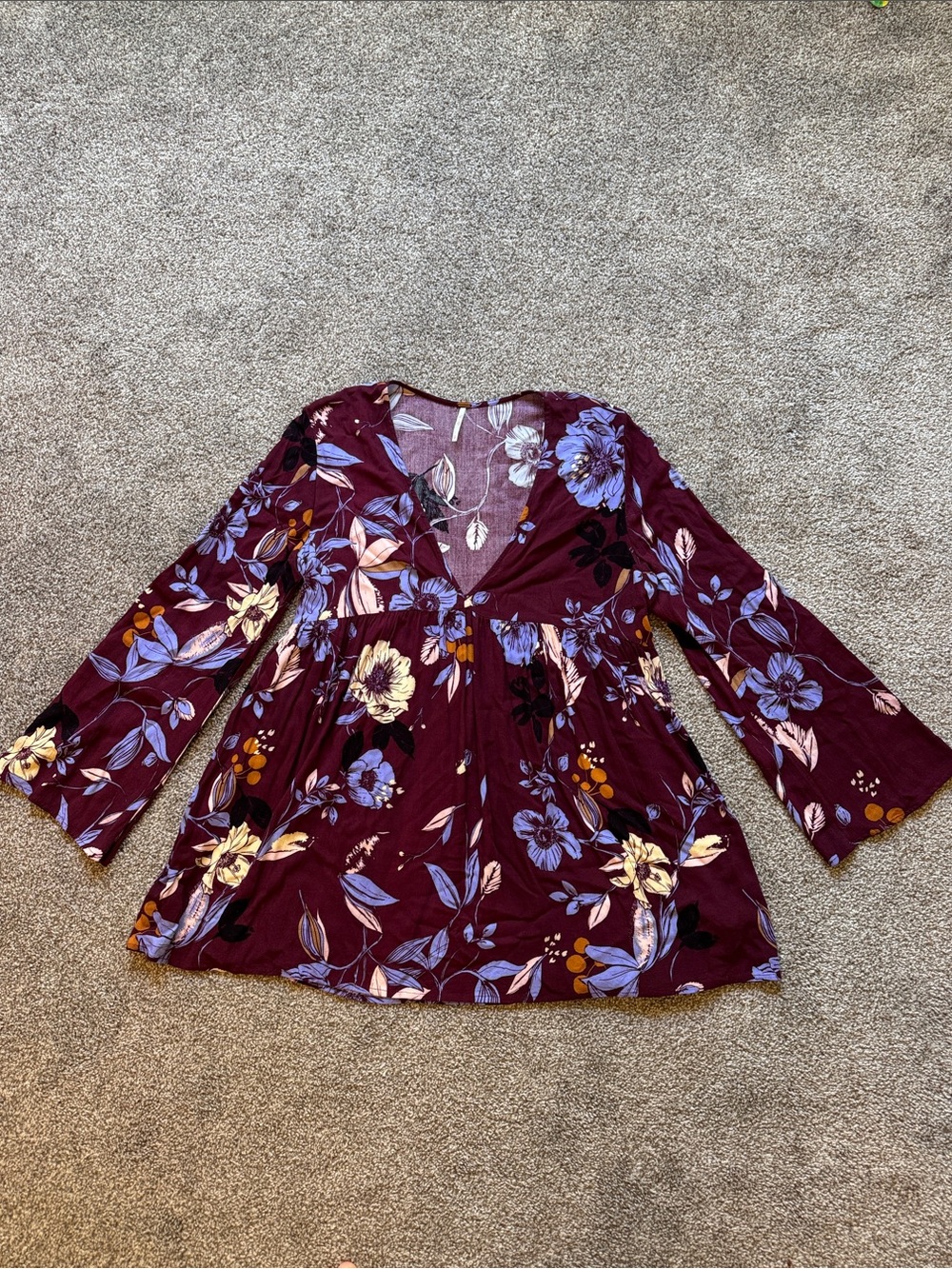 Free People Floral V-Neck Long Bell Sleeve Top - Burgundy